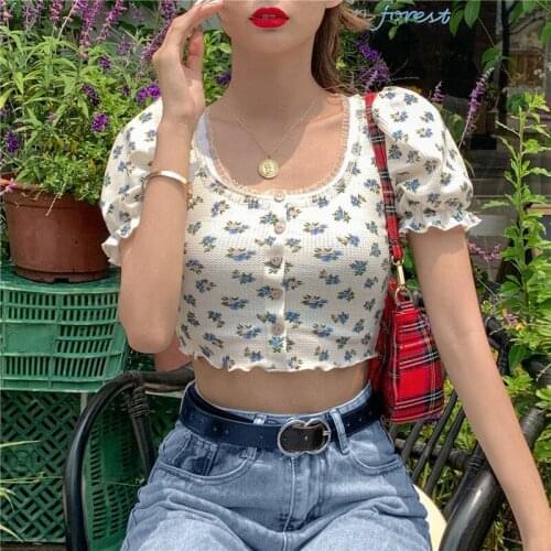 2020 Summer Sweet Vintage Style Crop Top Women Fashion Floral Print Bubble Sleeve Lace Cardigan T-shirt Button Streetwear Female