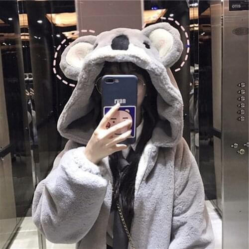 Autumn Winter Zipper Coat Sweet Hooded Kawaii Harajuku Loose Pocket Hoodies Womens Fleece Flannel Sweet Female Koala Coats 2021