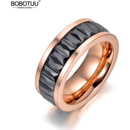 BOBOTUU Fashion Black/Clear CZ Crystal Wedding Rings Jewelry Stainless Steel Rhinestone Engagement Ring For Women Anneau BR18035
