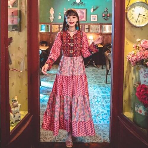 Maxi Dresses For Women 2021 New Fall Summer Elegant Ethnic Embroidery Multi-layer Pleated Swing Long Sleeve Muslim Arabic Dress