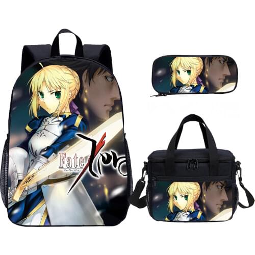 Fate Zero Child School Bag Set 3D Print 3 Pcs Cartoon Backpack Set School Bag Kids Pencil Case Thermal Lunch Bag Boys
