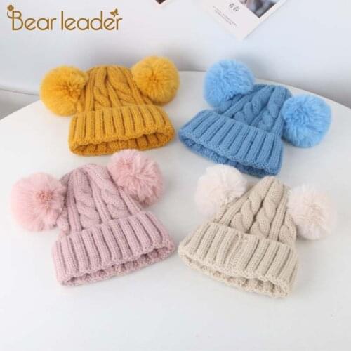 Bear Leader Infants Warm Knitted Hats 2021 New Autumn and Winter Cap Boys and Girls Wool Hat Solid Plush Cute Casual Accessories