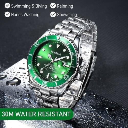 PLADEN Luxury Men Watch Top Brand Green Quartz Wristwatch Timing Stainless Steel Rount Fashion Rolexable Clock Dive Reloj Hombre