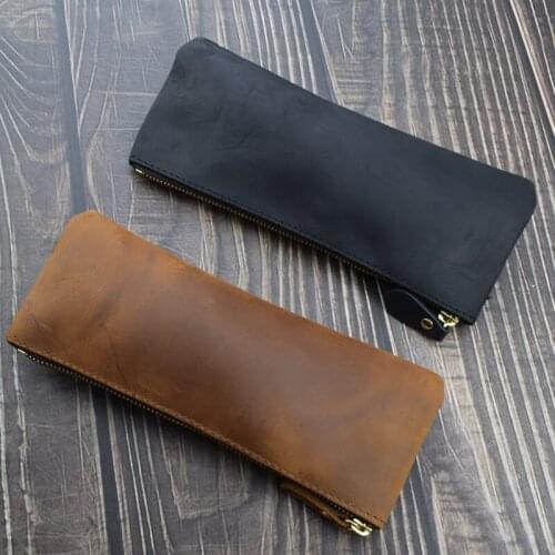 Handmade Cowhide Pen Bag Durable Genuine Leather Pencil Case Writing Materials Stationery Protective Cover Office School Tools