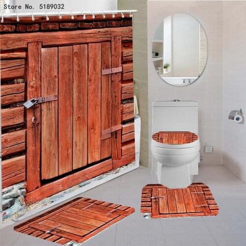 Wooden Door Shower Curtain Vintage Bath Curtain Toilet Lid Cover Bath Rug Mat Set Antique Door Brown Bath Curtain and Rug Sets