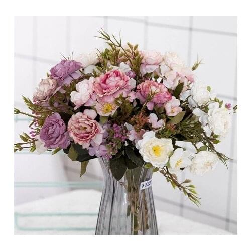 Fake Flowers Vintage Artificial Silk Tea Rose Flowers Bouquet Wedding Home Retro Fake Flower Party DIY Decoration