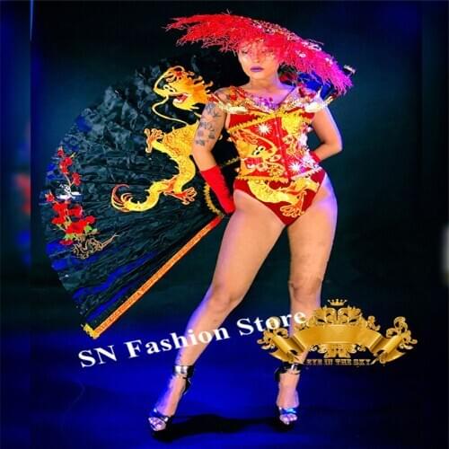 K65 Singer stage performance wears dresses bar bikini sexy outfits red bodysuit models jumpsuit performance fan headdress disco