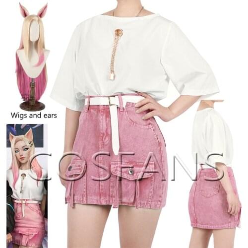 KDA Ahri Cosplay Costume New Fashion Pink Short Skirt Game Sexy Cosplay Girl Costume Party Holloween Gift The Baddest And wig