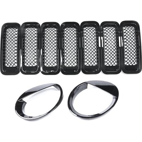 9Pcs Front Grille Grill Mesh Grille Insert Kit + Style Headlight Lamp Cover Trim for Jeep Patriot 2011-2016