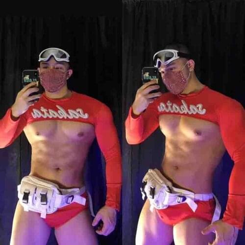 Men Sexy Satge Set Bar Red Gogo Collar Dance Suit DS DJ Costumes Jazz Stage Wear Nightclub Rave Outfits Festival Clothing XS1523