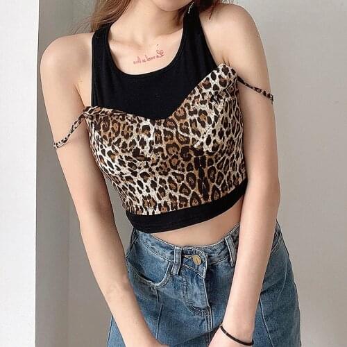 Fashion Women Sexy O-Neck Leopard Print Stitching 2 Colors Slim Short Camisole Slimming Casual Sexy Camiseta Feminina