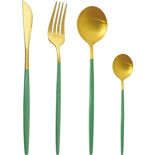 Matte 40Pcs/Set Stainless Steel Dinnerware Cutlery Set Kitchen Silverware Fork Knife Spoon Green Gold Tableware Flatware Set