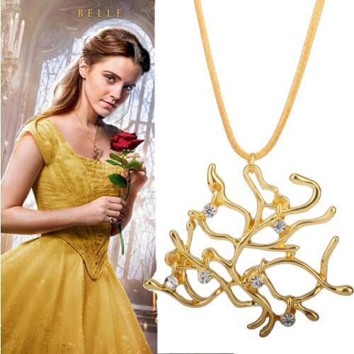 Newest Beauty and the Beast Necklace Retro Rose Gold Rose Tree Necklace Charm Crystal Pendant Gift -30