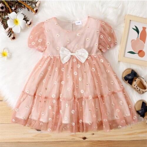 Boiiwant 18M-6Y Little Girl Dress Sweet Puff Sleeve Dress Fashion Little Daisy Bow Mesh Yarn A-line Princess Dress Party Dress