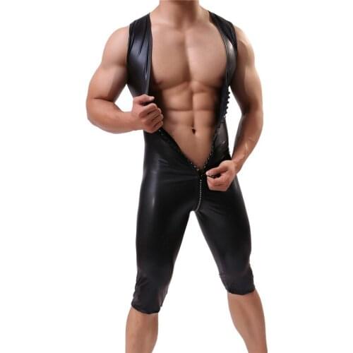 Sexy Men Faux Latex Leather Bodysuits Fetish Gay Sissy Exotic Club Wear Sleeveless Costumes Game Apparel Teddies Jumpsuits