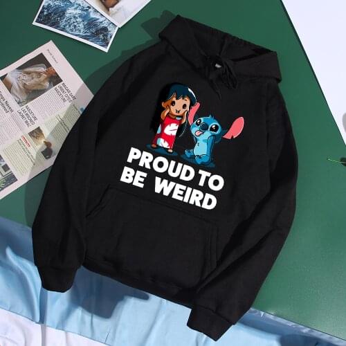 Disney Anime Hoodies Proud To Be Weird Sweatshirts Casual Loose Clothes Lilo & Stitch Printed Clothes Men 2021 Autumn Streetwear