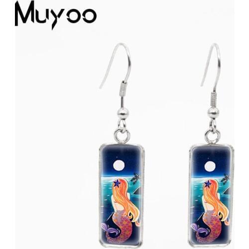 Vintage Mermaid Art Paintings Fairy Tale Patterns Glass Cabochon Square Fish Hook Earrings Stainless Steel Jewelry Hook Earrings