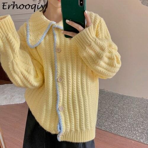Autumn Winter Knit Cardigan Sweater Female Fashion Korean Cute Cardigans Women Yellow Loose All-Match Long Sleeve Sweaters Coat