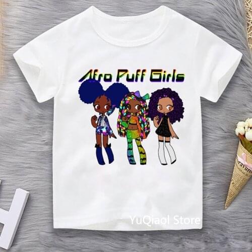 Funny Afro Puff Girls T Shirts Summer Childrens White Short Sleeve T-Shirts Cute Black Girl Magic Tshirt Kids Clothes Tops Tees