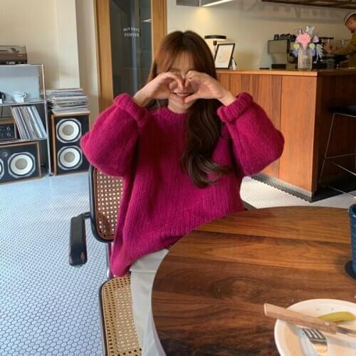 Korea Women Autumn Winter Dragon Fruit Red Color Loose Short Sweater Round Collar Full Sleeve Knitted Pullovers Casual Jumpers