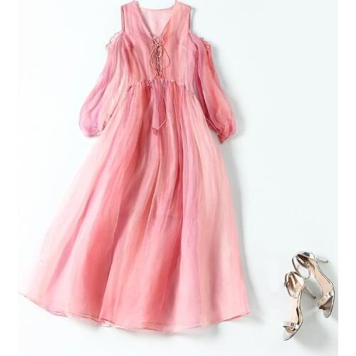 High Quality 100% Silk Dress Women Summer 2021 Pink Maxi Dress Female Korean Fashion Ladies Dresses Elegant Robe Femme Pph4937