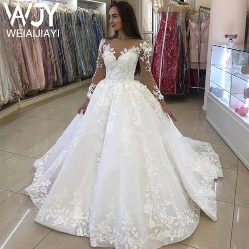 Sheer Long Full Sleeve White Sexy Bridal Wedding Dress Lady Women V Neck Bride Dresses Appliques Sweep Train Vestido De Novia