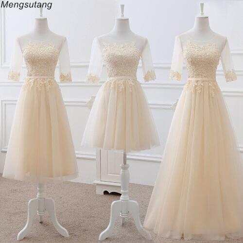 Robe de soiree Champagne Scoop Neck Lace up Transparent Embroidery A-line Long evening Dress vestido de festa Formal Prom Dress