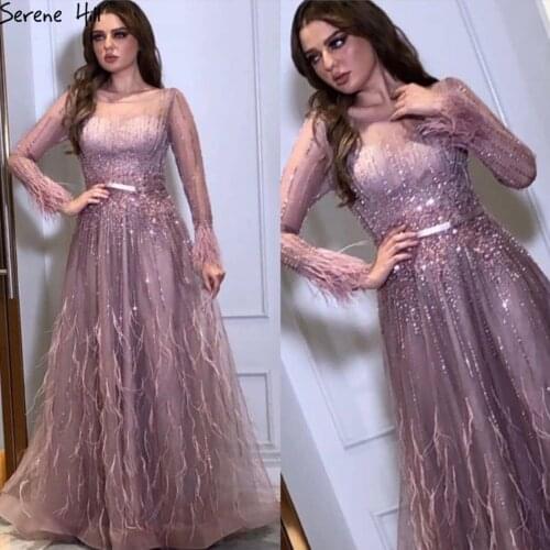 Serene Hill Pink Dubai Design Sequined Feathers Evening Dress A-Line Long Sleeves Luxury Formal Party Wear Gown 2020 CLA60836