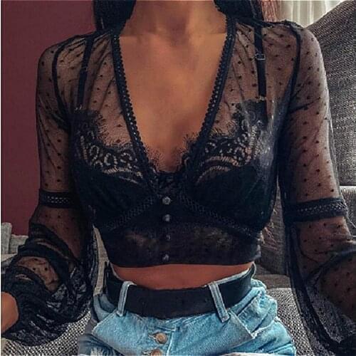 2019 Summer Mesh Sheer Crop Tops Blouses Women Women Long Puff Sleeve V Neck Shirts See Through Club Sexy Tops Female