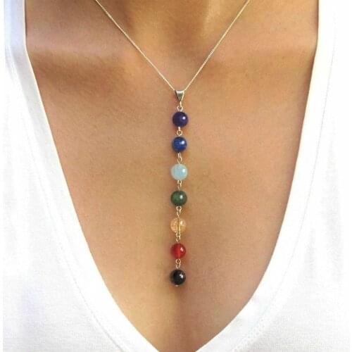 7 Chakra Gem Stone Beads Pendant Necklace Women Yoga Reiki Healing Balancing Maxi Chakra Necklaces