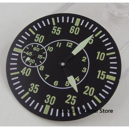 Bliger 38.9MM Green numbers Sterile watch Dial + Watch Hands fit ETA 6497 ST 3600 movement watch case Black round dial