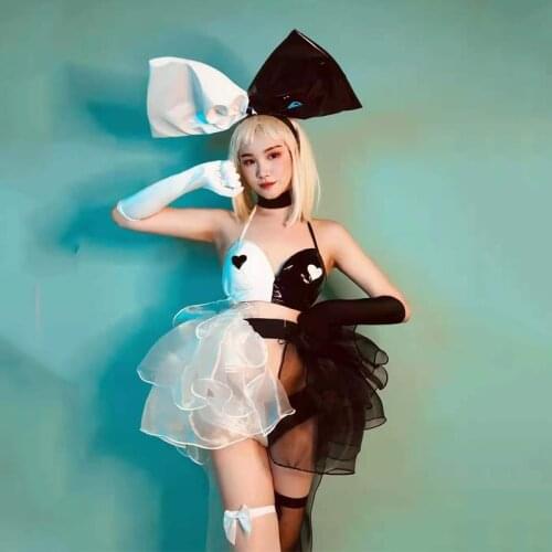 Black And White Patent Leather Sexy Bikini Sets Female Gogo Dj Nightclub Bar Stage Costumes Party Dress Festival Outfits DN9037