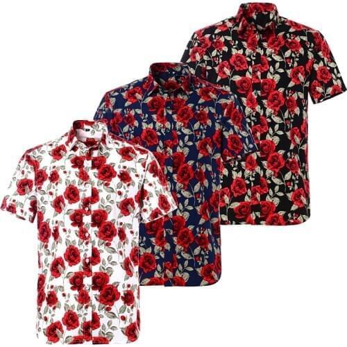 Summer Pure Cotton Short Sleeve US Size Hawaiian Rose Floral Beach Mens Shirt Regular Fit Breatahable