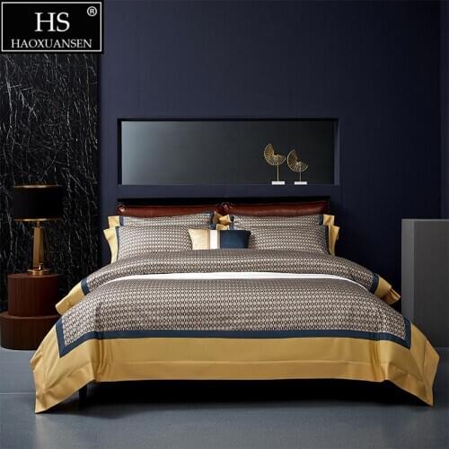 Delicate Lattice Design Yellow Blue 4Pieces Bedding Sets Digital Printing BedSheets Pillowcase Duvet Cover Queen King Size