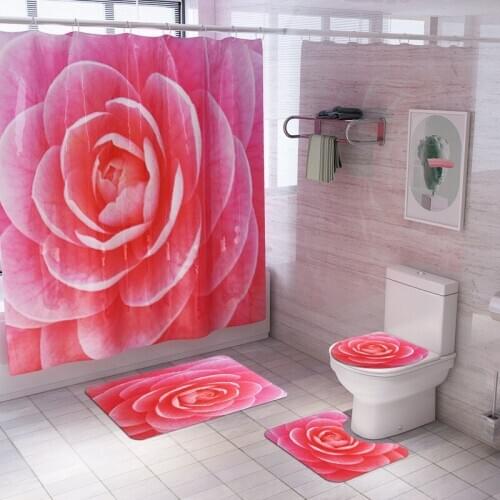 New 4Pcs/Set Elegant Flowers Pattern Shower Curtain Mat Set Non Slip Rugs Carpet for Bathroom Toilet Bath Mat