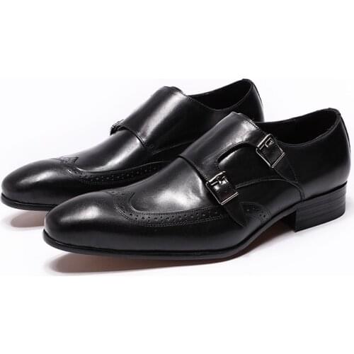 2019 New Style Genuine Leather Monk Strap Mens Dress Shoes Black Burgundy Formal Business Office Work Double Buckle Shoes