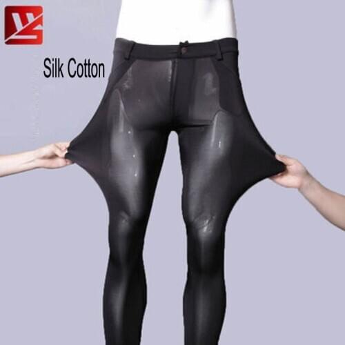 Man Summertime High-elastic Ice Silk Elastic Pencil Pants Feet Casual Trousers Silk Cotton Body Fit Skinny Breathable Leggings