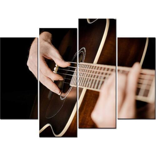 Music Artistic Paintings Wall Art Log Color Guitar and Guitar Player 4 Panel Picture Print For Home Decor Drop shipping