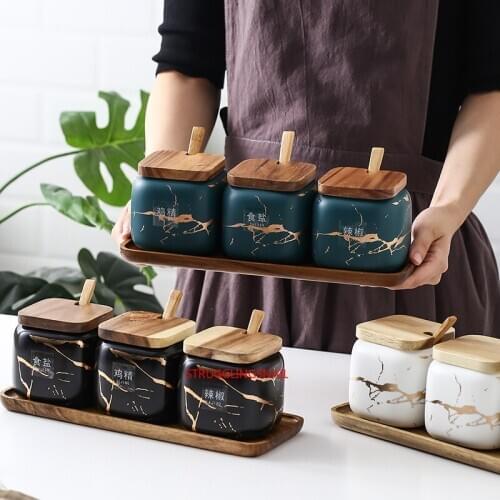 Creative Nordic Style Marble Pattern Ceramic Kitchen Seasoning Tank Set Wooden Cover Salt Shaker Spice Jar Kitchen Accessories