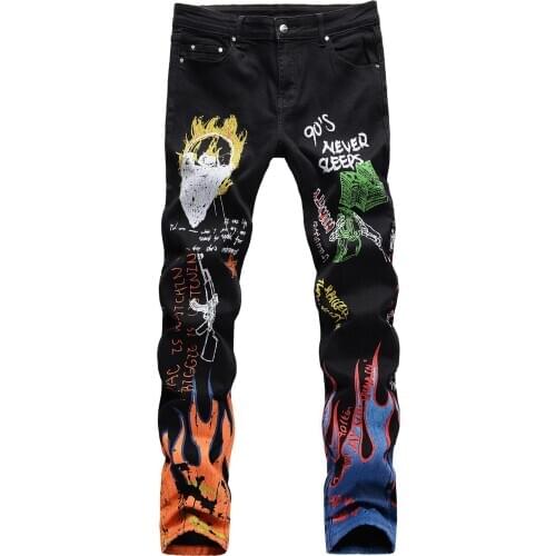 2020 New Young Mens Fashion Print Jeans Men Autumn Casual Denim Pants Soft Men Jean Overalls