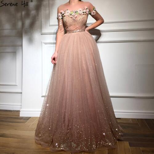 2020 New Fashion Half Sleeves Evening Dresses Beach Flowers Crystal Sparkle Formal Evening Gowns Serene Hill LA6536