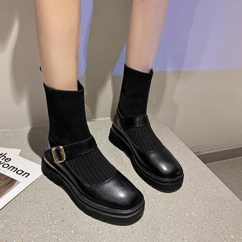 2021 New Women Short Boots Fashion Platform Pu Leather Thick Heel Winter Shoes for Woman Warm Elastic Casual Lady Footwear