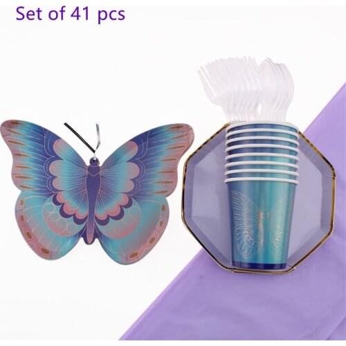 41Pc/Set Butterfly Theme Disposable Tableware Baby Shower Birthday Decoration Plate Cup Tablecloth Napkin Spoons Party Supplies