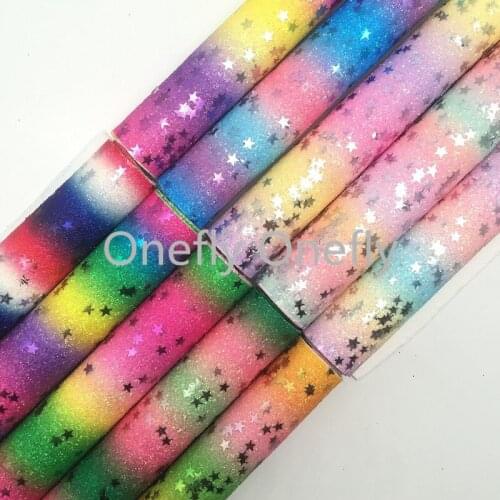 Onefly Wholesales Dropshipping Leather Supplier Rainbow Stars Glitter Faux Vinyl Leather Fabric Felt Backing For Bow DIY FZ056
