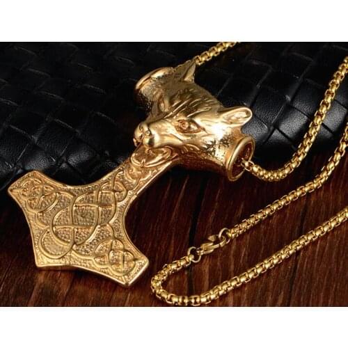 Gothic Vintage Biker Stainless steel 34MM 24 INCH BOX CHAIN Necklace thunder hammer wolf head pendant large 50*78mm Gold jewelr