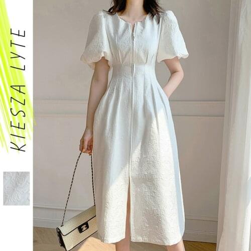 French Bubble Sleeve Dress Summer 2021 Vintage Embossed High Waist Zipper Midi White Dresses Party Evening Outfit Runway