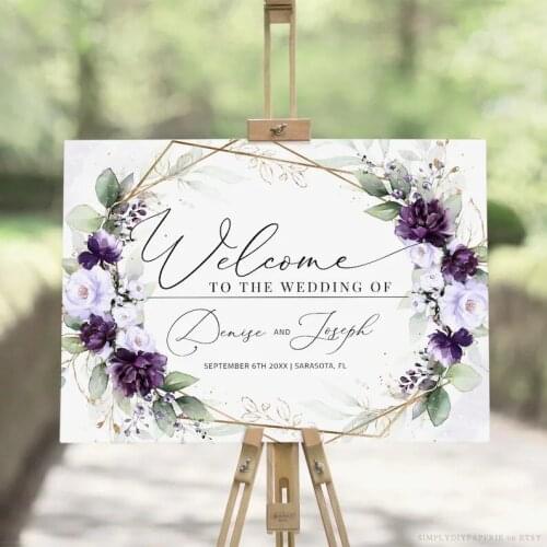 Blooming Plant Series - Lilac Purple and Plum Wedding Welcome Sign Template, Editable Welcome Sign, Printable Welcome Poster