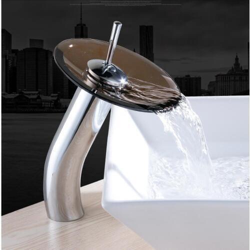 Bathroom waterfall Faucet Chrome Finish Basin Sink Faucet Mixer Tap Waterfall Faucet with light dark glass