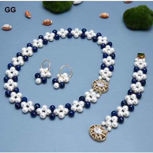 GuaiGuai Jewelry Natural White Round Shell Pearl Faceted Round Blue Agates Necklace Bracelet Earrings Sets Handmade For Women