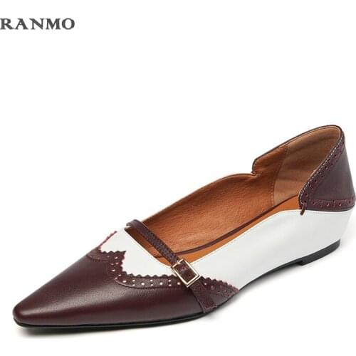 Women Genuine Leather Flats Buckle Decoration Ladies Spring Retro Chunky Heel Pointed Toe Non Slip Casual Shoes 2021 Shoes Women